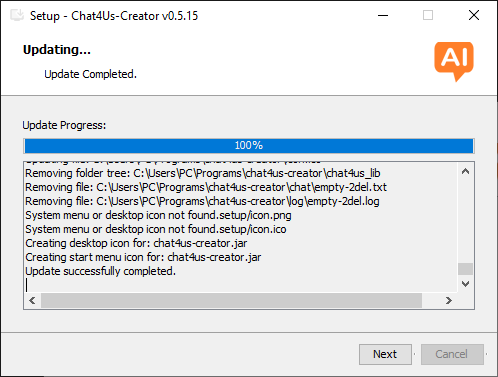 Chat4Us-Setup Update complete screen