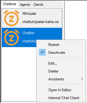 Chat server list entry popup menu