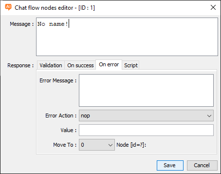 Chat4Us creator nodes settings dialog error tab.