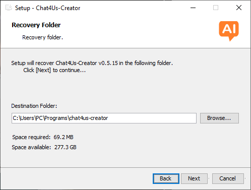 Chat4Us-Setup Recovery folder selection screen